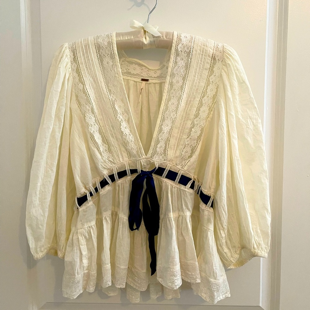 Free People Cream Lace Blouse with Blue Accent